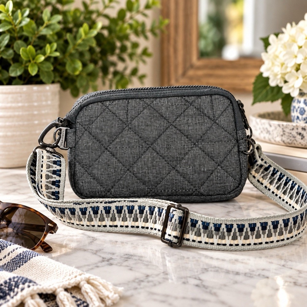 Travelon Gray Quilted Crossbody Bag Adjustable Woven Strap Small Travel Purse